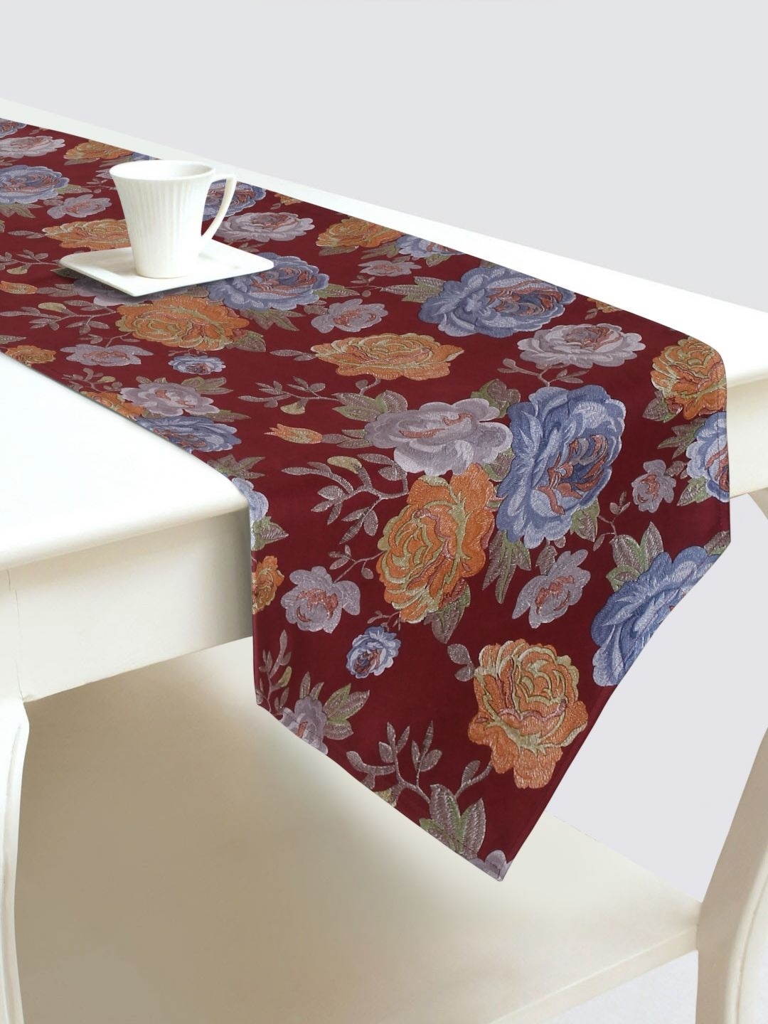 

DREAM WEAVERZ Maroon & Orange Floral Embroidered Velvet Table Runner