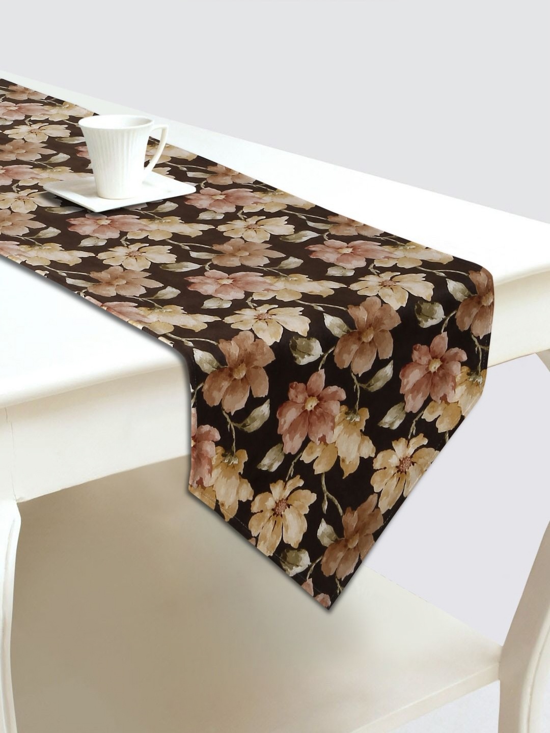 

DREAM WEAVERZ Brown & Peach Floral Printed Velvet Table Runner