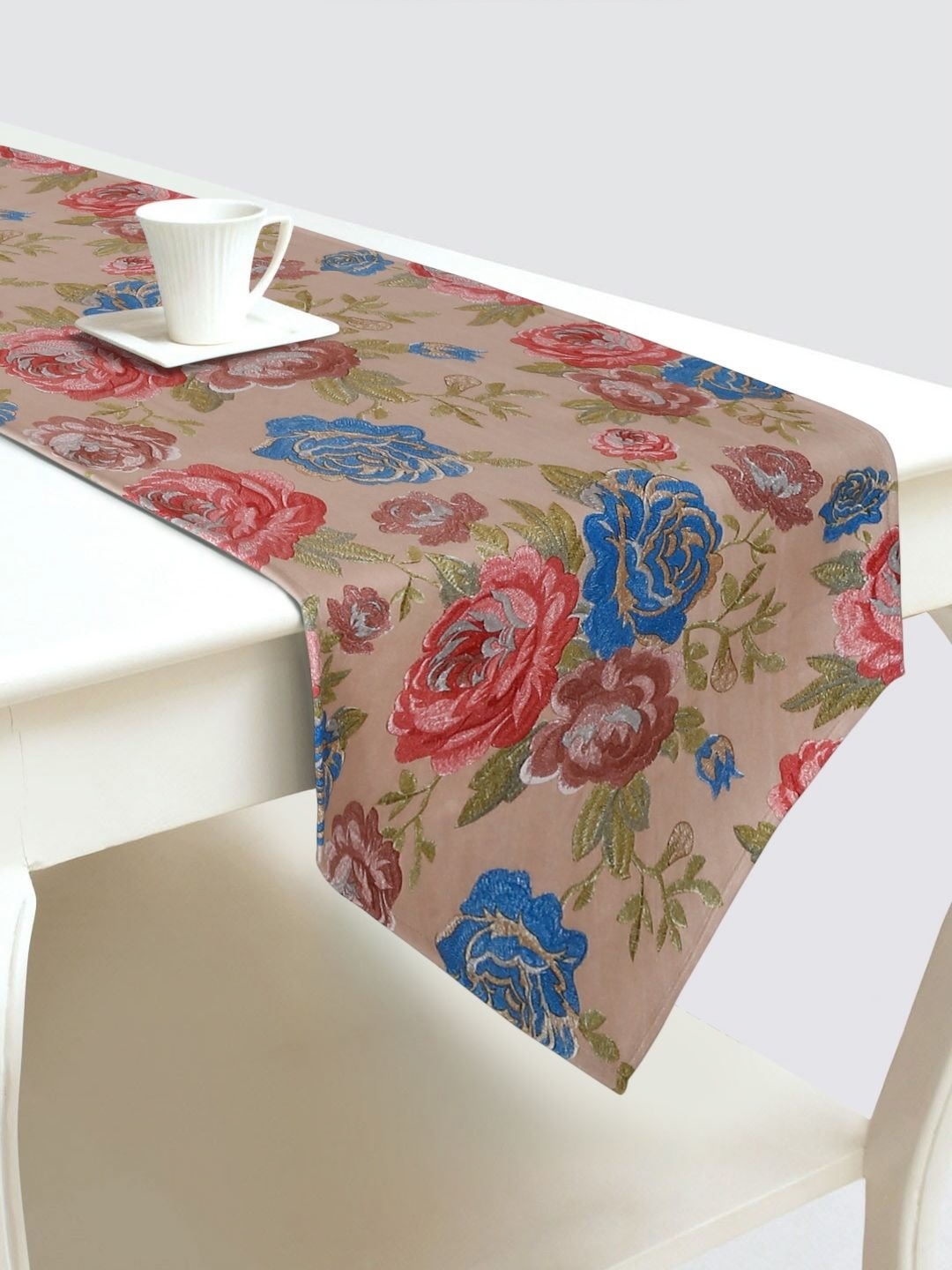 

DREAM WEAVERZ Beige & Blue Floral Printed Velvet Table Runner