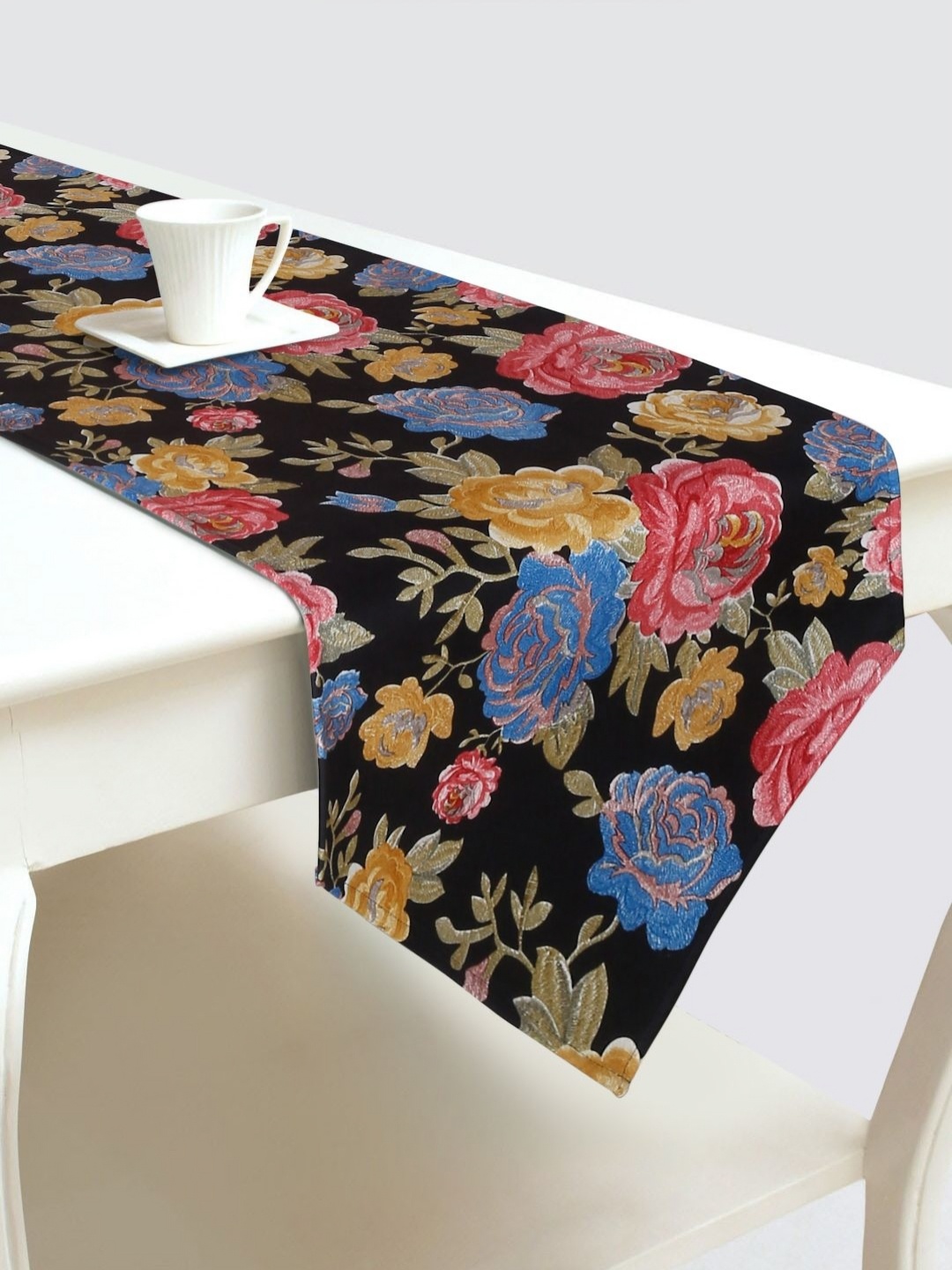 

DREAM WEAVERZ Black & Blue Floral Printed Velvet Table Runner