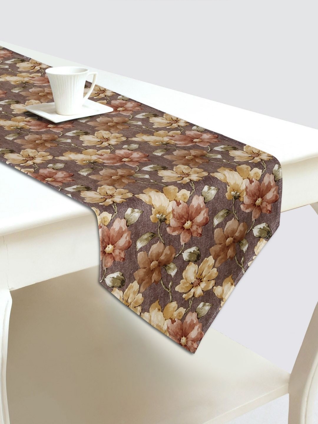 

DREAM WEAVERZ Light Brown & Yellow Floral Printed Velvet Table Runner