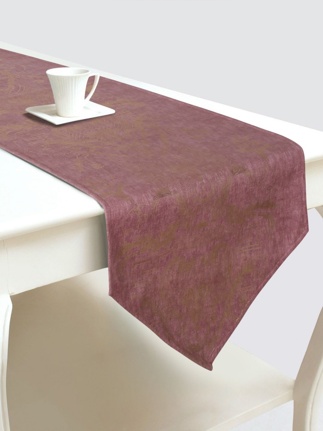 

DREAM WEAVERZ Purple & Gold Toned Ethnic Motifs Printed Velvet Table Runner