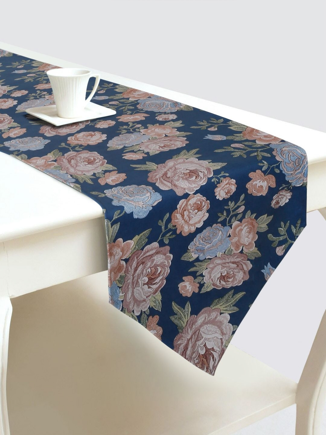 

DREAM WEAVERZ Blue & Peach Floral Printed Velvet Table Runner