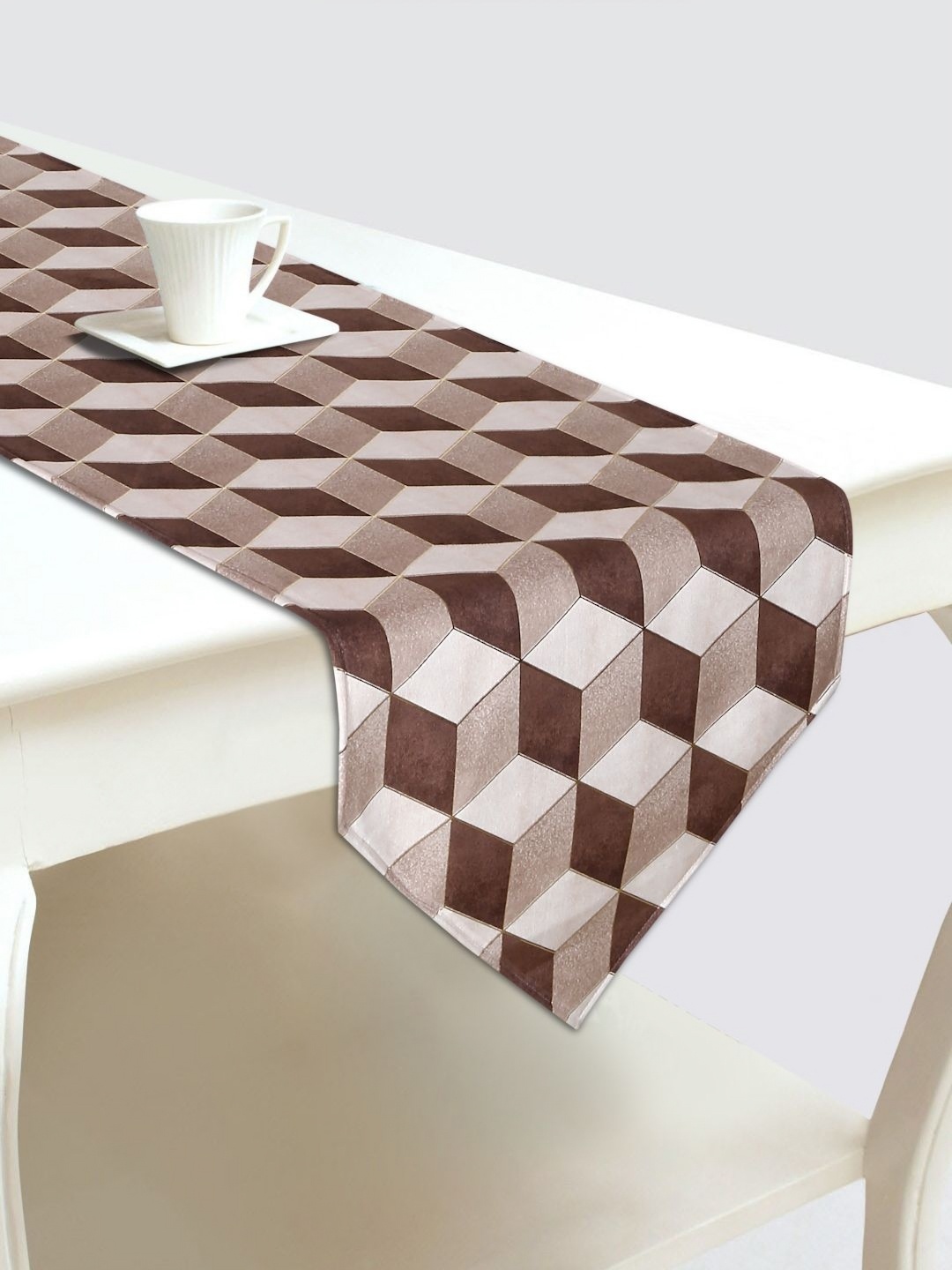 

DREAM WEAVERZ Beige & Brown Geometric Printed Velvet Table Runner