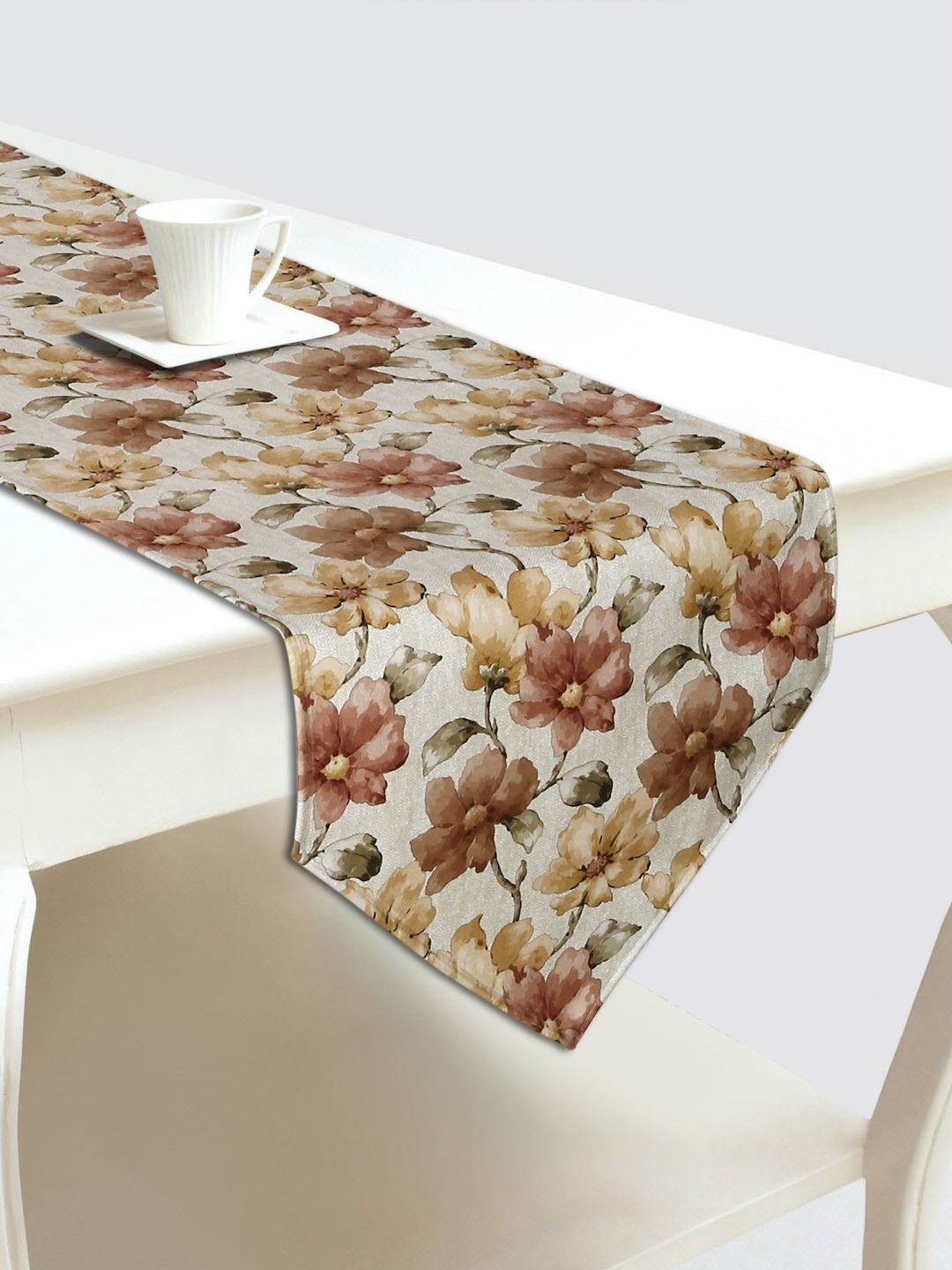 

DREAM WEAVERZ White & Yellow Floral Printed Velvet Table Runner