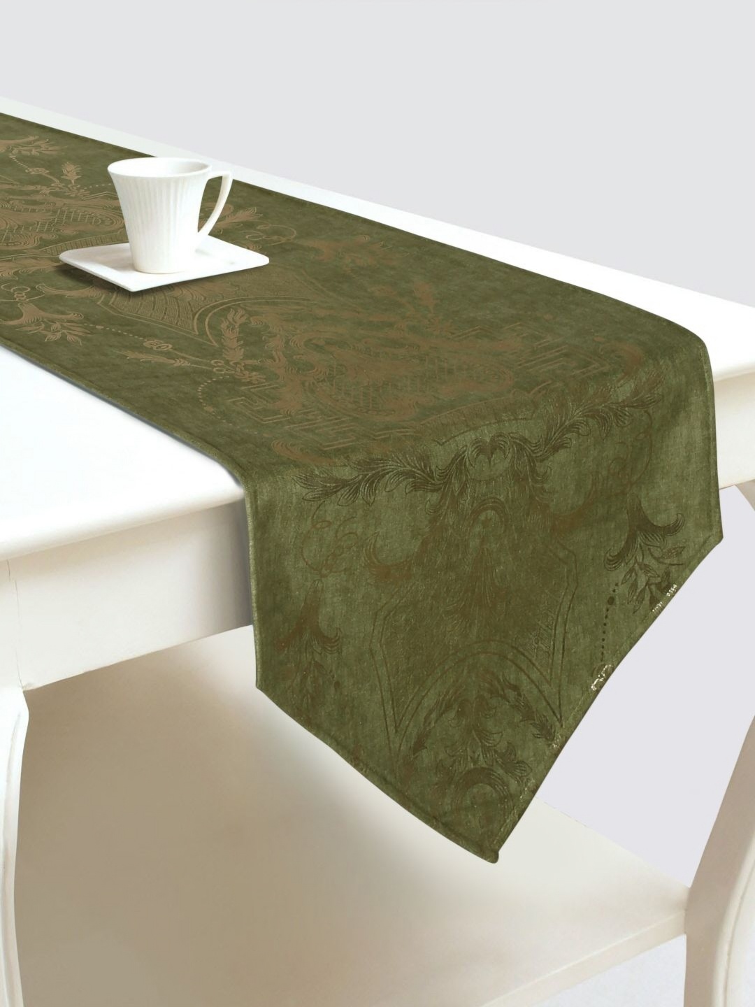 

DREAM WEAVERZ Green & Gold Toned Ethnic Motifs Printed Velvet Table Runner