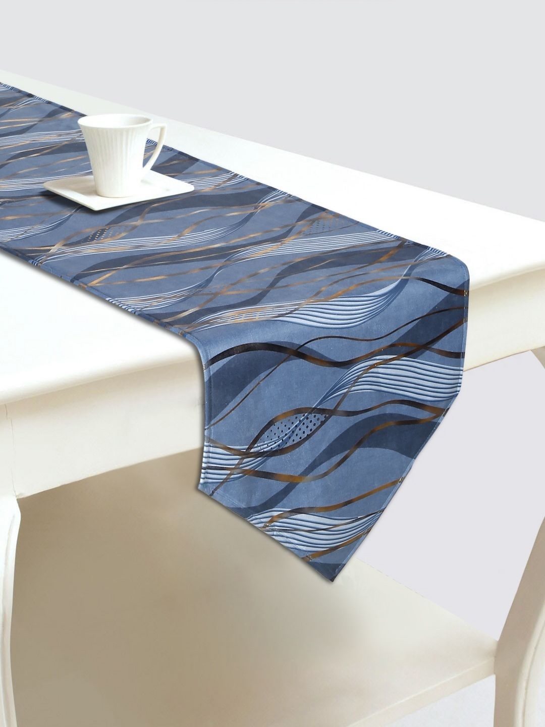 

DREAM WEAVERZ Blue & Brown Abstract Printed Velvet Table Runner