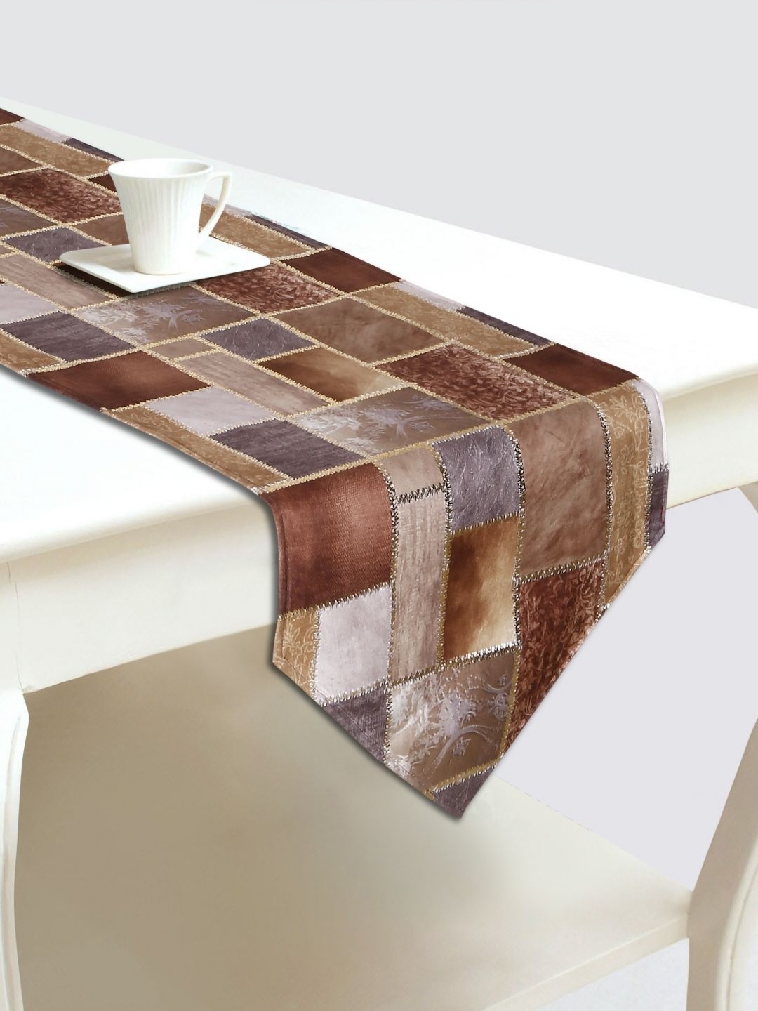 

DREAM WEAVERZ Brown & Maroon Abstract Printed Velvet Table Runner