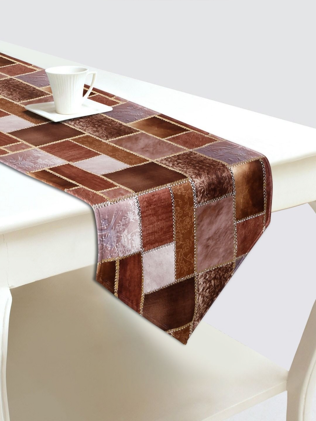 

DREAM WEAVERZ Brown & White Geometric Printed Velvet Table Runner