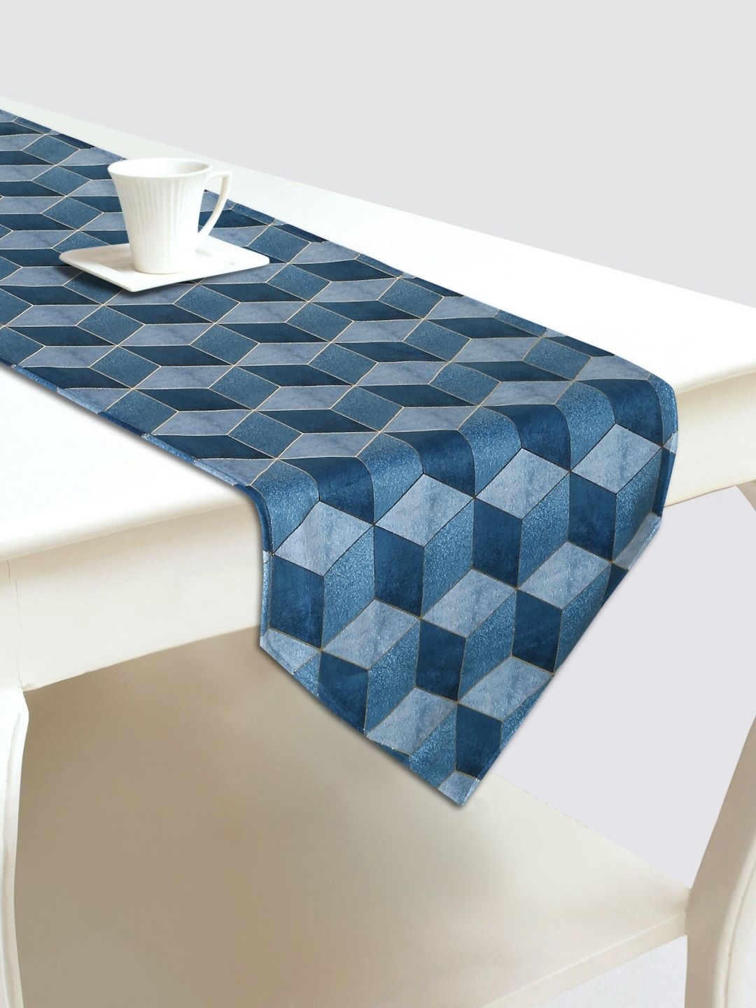 

DREAM WEAVERZ Blue & Grey Geometric Printed Velvet Table Runner