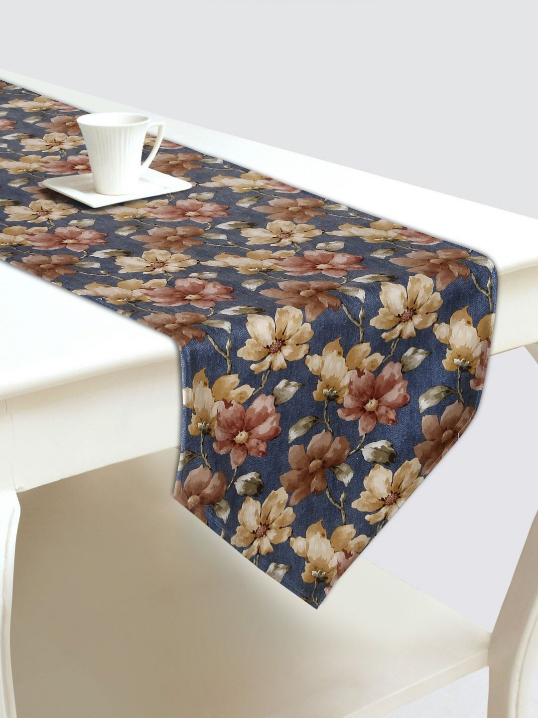 

DREAM WEAVERZ Blue & Beige Floral Printed Velvet Table Runner