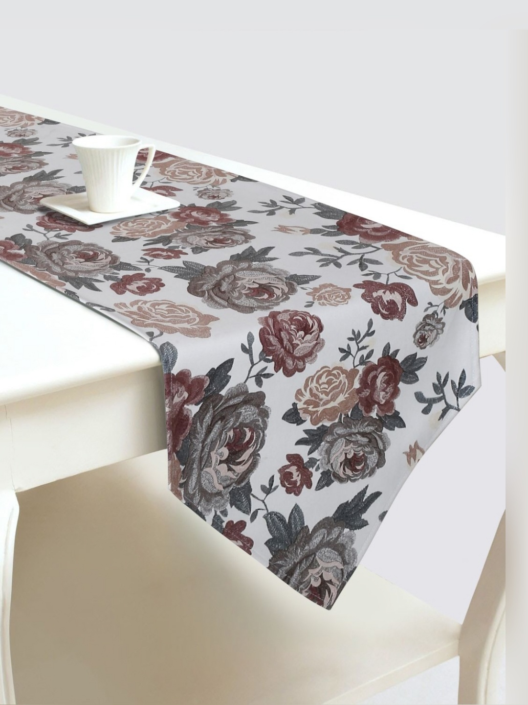 

DREAM WEAVERZ White & Grey Floral Printed Velvet Table Runner
