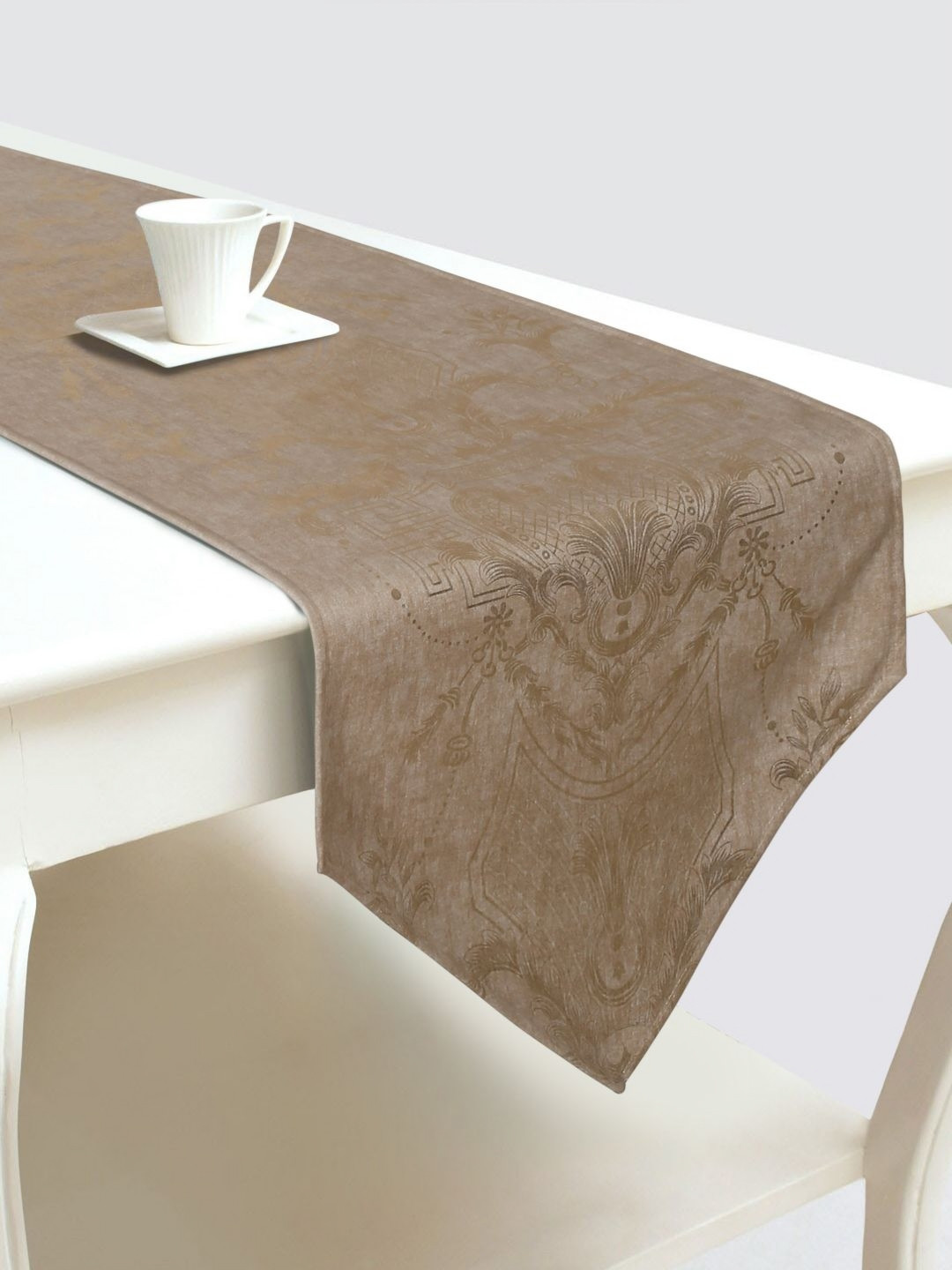 

DREAM WEAVERZ Brown & Gold Toned Ethnic Motifs Printed Velvet Table Runner
