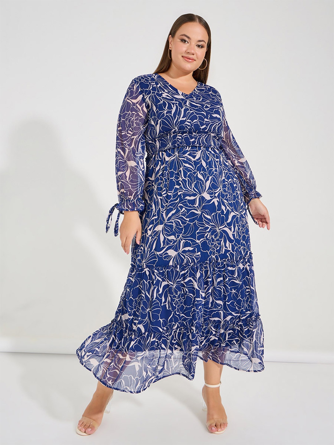 

Styli Women Plus Size Floral Print A-Line Maxi Dress, Navy blue