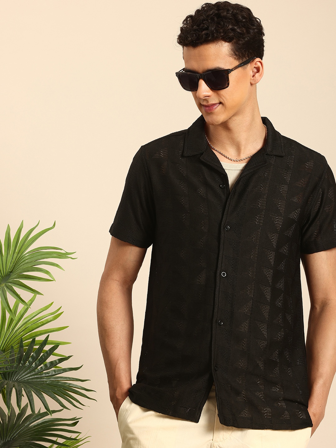Mast & Harbour Men Relaxed Semi Sheer Cuban Collar Casual Shirt, Black