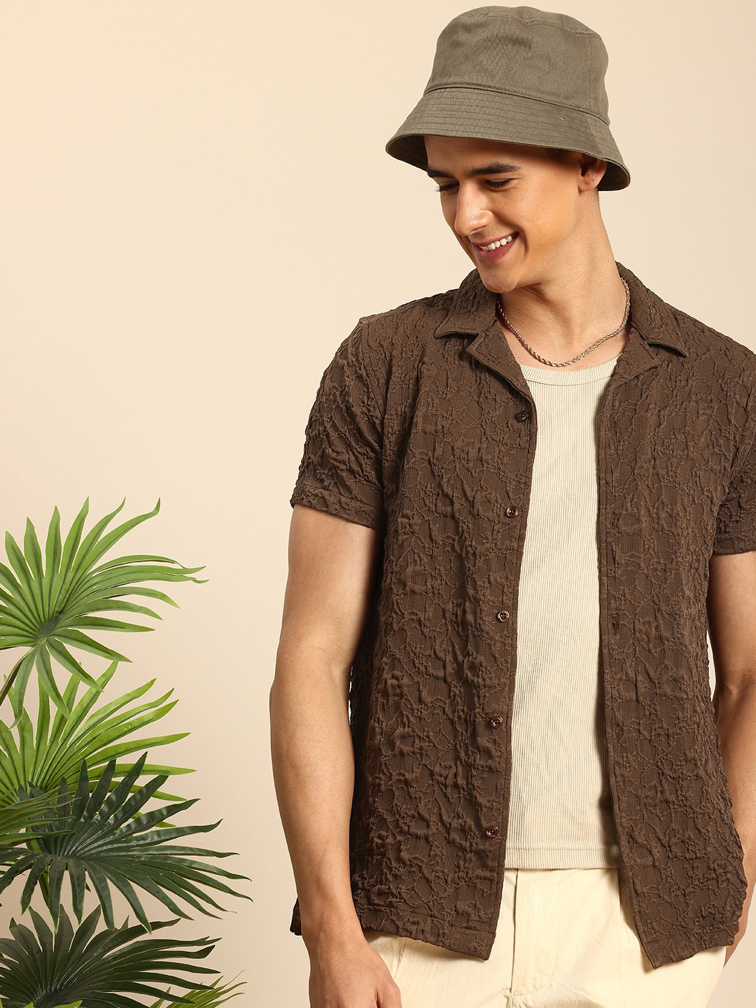 Mast & Harbour Men Relaxed Textured Cuban Collar Casual Shirt, Brown