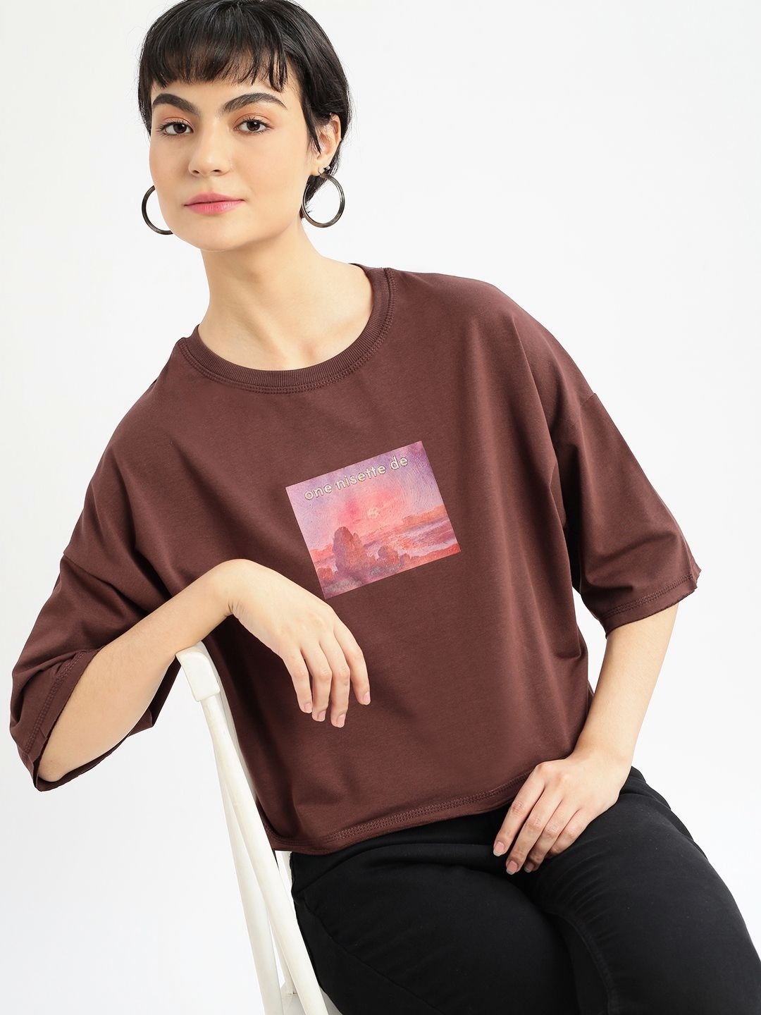 

SHOWOFF Women Printed Round Neck Cotton Boxy Tshirt, Brown