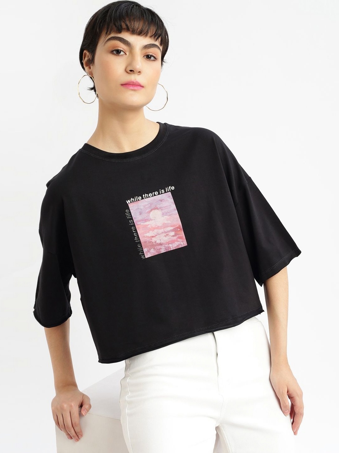 

SHOWOFF Women Printed Round Neck Cotton Boxy Tshirt, Black