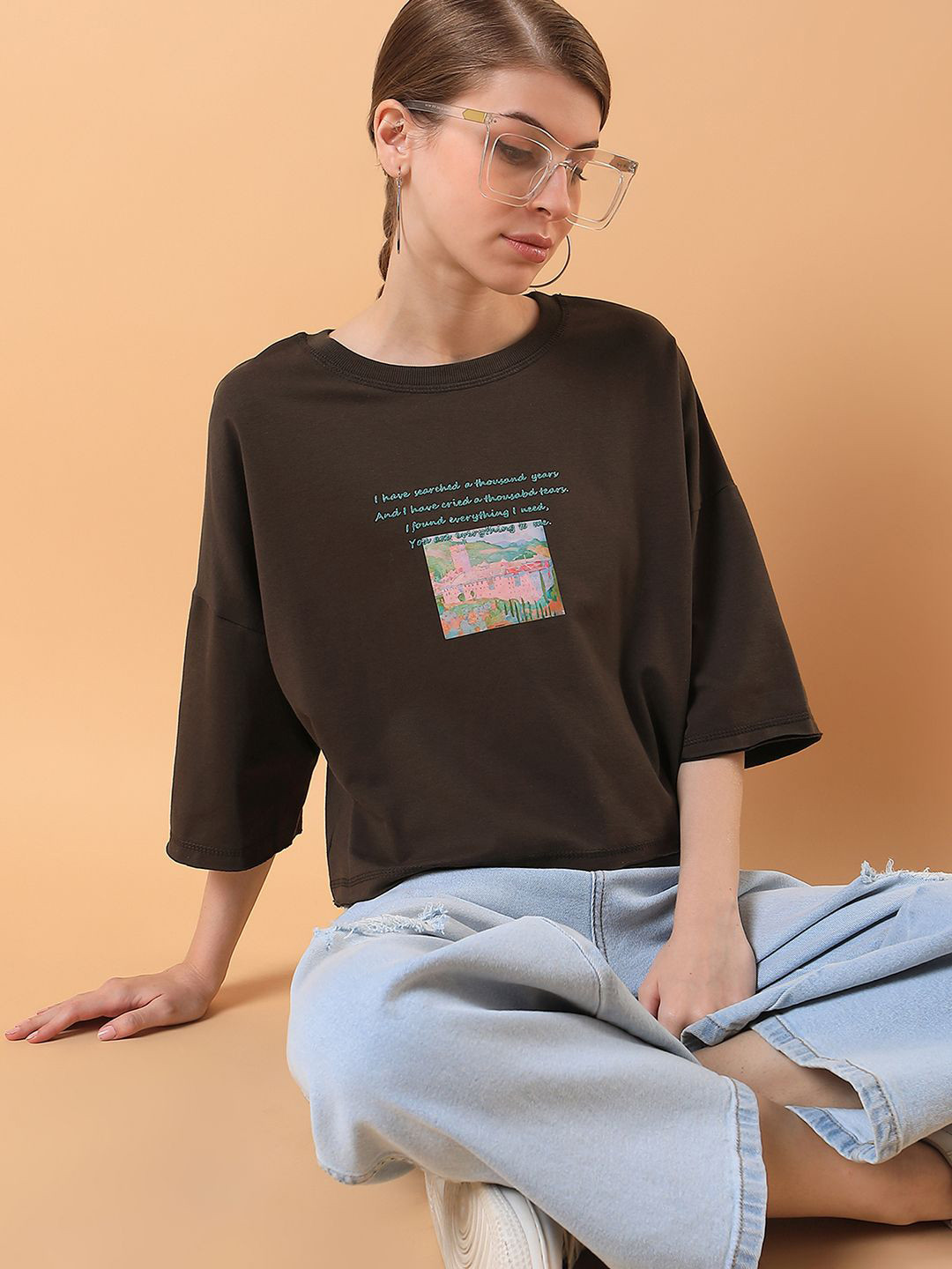 

SHOWOFF Women Printed Round Neck Cotton Boxy Tshirt, Olive