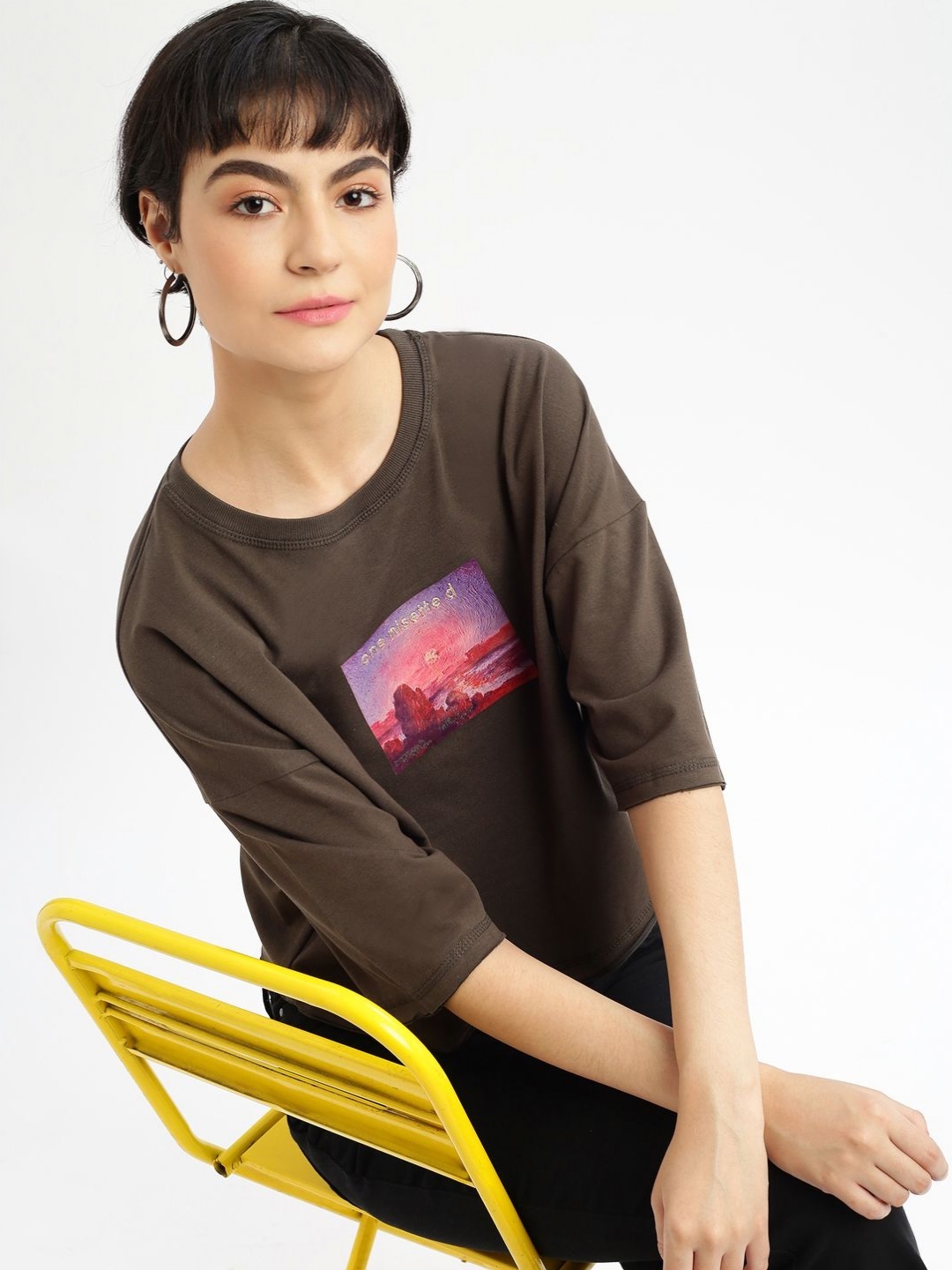 

SHOWOFF Women Printed Round Neck Cotton Boxy Tshirt, Olive