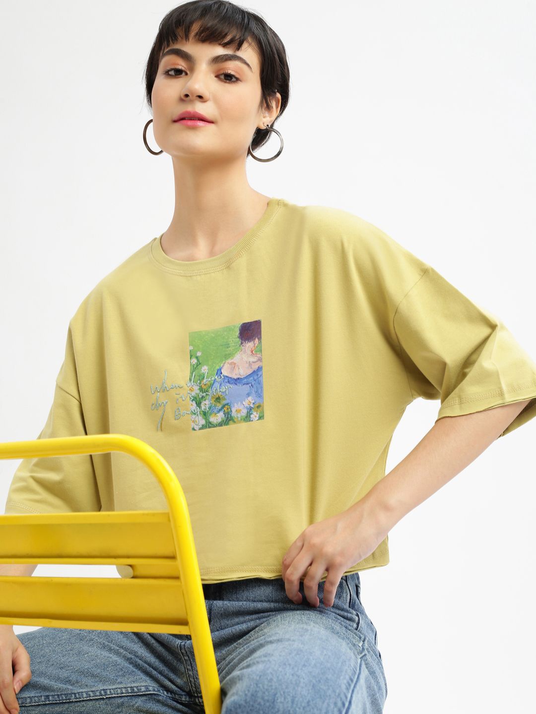 

SHOWOFF Women Printed Round Neck Cotton Boxy Tshirt, Mustard