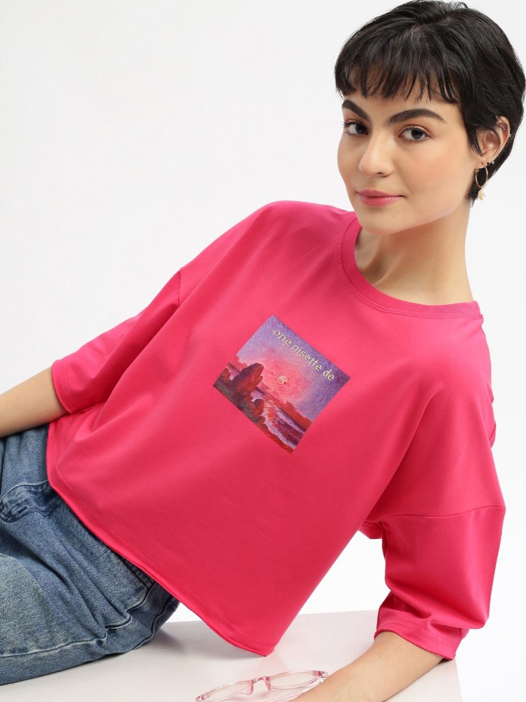 

SHOWOFF Women Printed Round Neck Cotton Boxy Tshirt, Pink