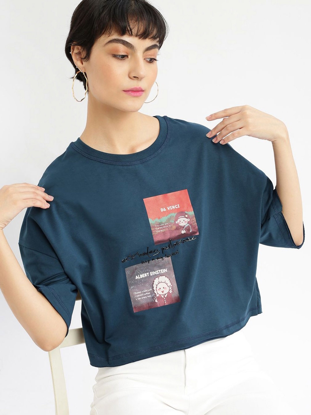 

SHOWOFF Women Printed Round Neck Cotton Boxy Tshirt, Teal