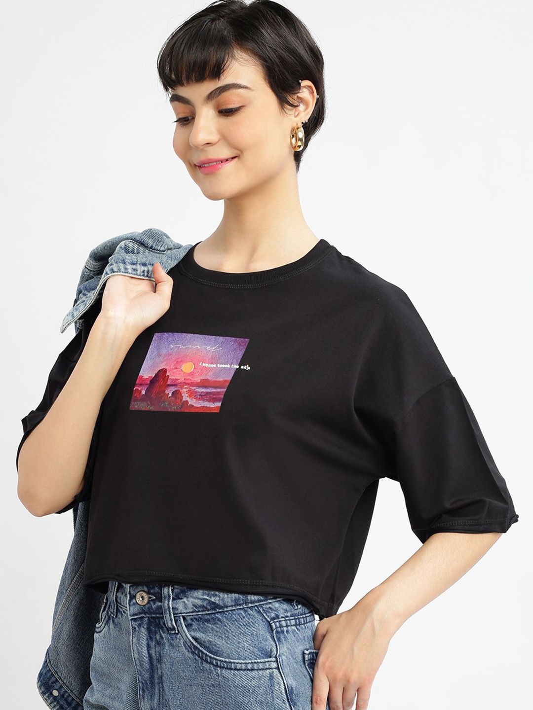 

SHOWOFF Women Printed Round Neck Cotton Boxy Tshirt, Black