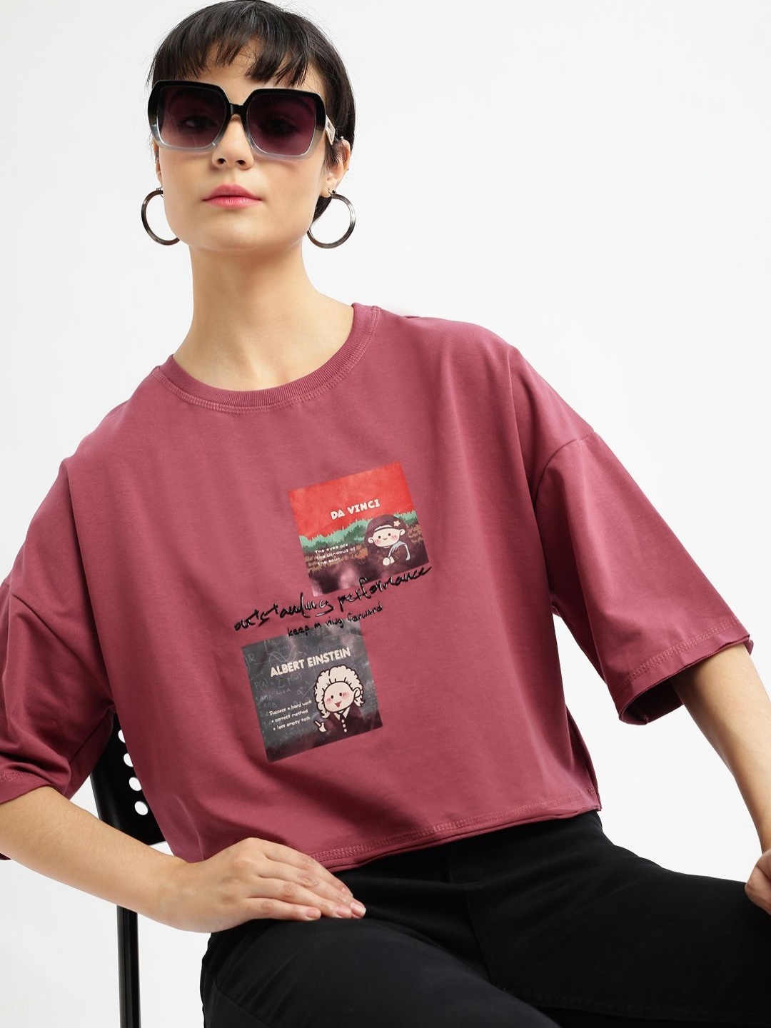 

SHOWOFF Women Printed Round Neck Cotton Boxy Tshirt, Mauve