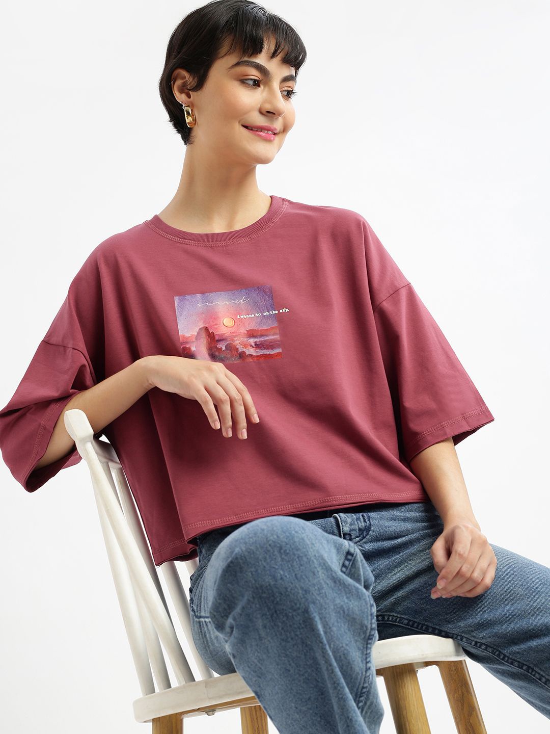 

SHOWOFF Women Printed Round Neck Cotton Boxy Tshirt, Mauve