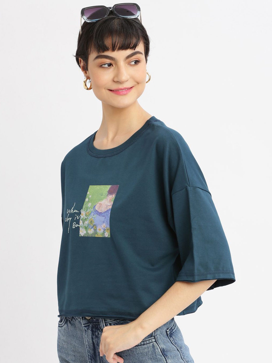 

SHOWOFF Women Printed Round Neck Cotton Boxy Tshirt, Teal