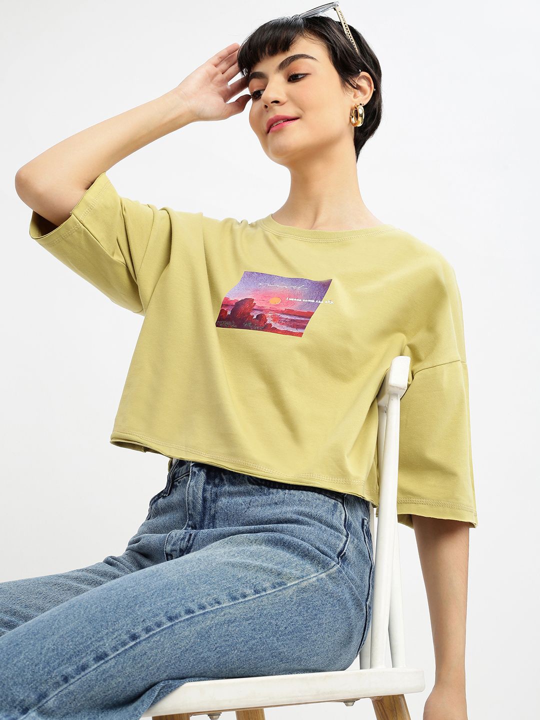 

SHOWOFF Women Printed Round Neck Cotton Boxy Tshirt, Mustard