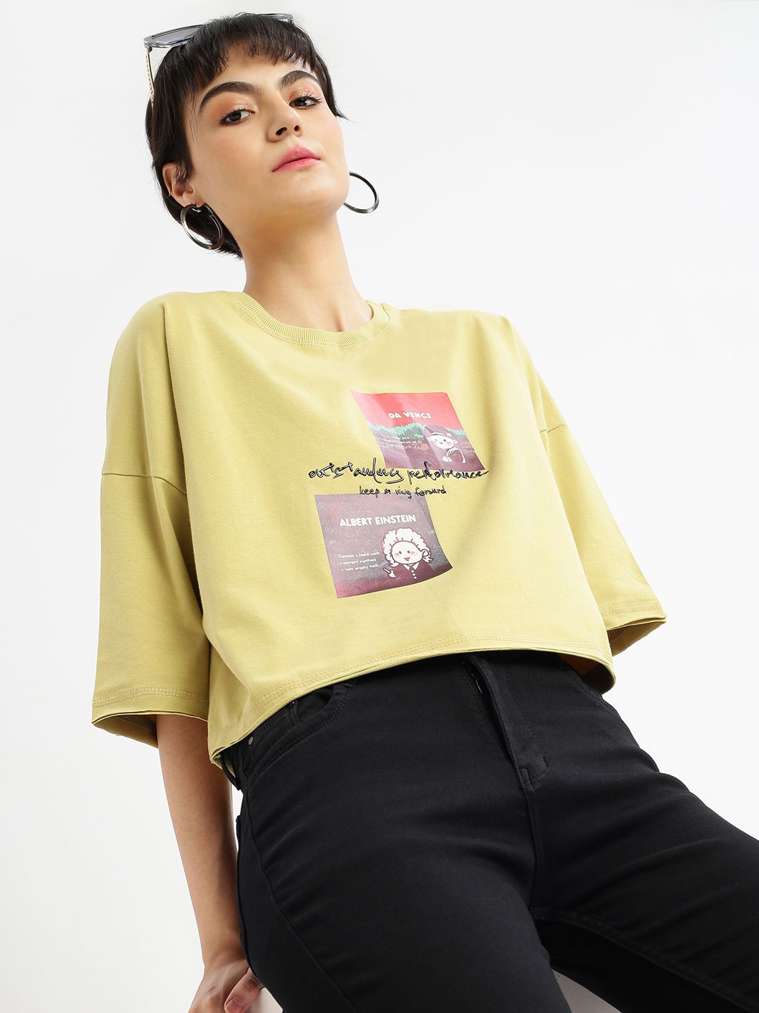 

SHOWOFF Women Printed Round Neck Cotton Boxy Tshirt, Mustard