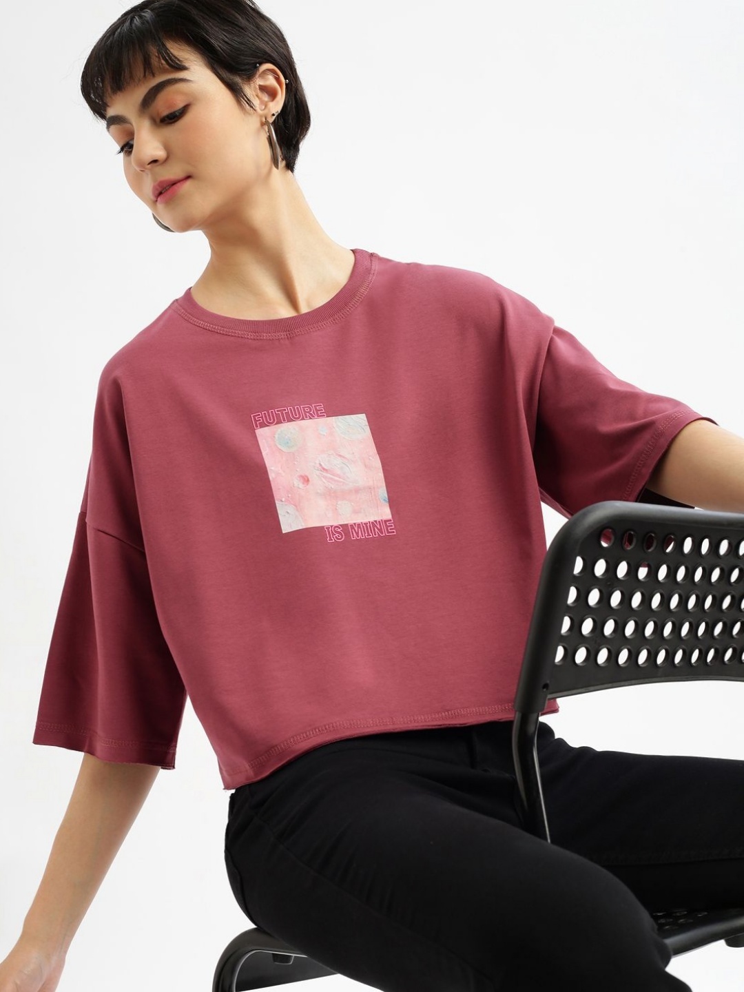 

SHOWOFF Women Printed Round Neck Cotton Boxy Tshirt, Mauve