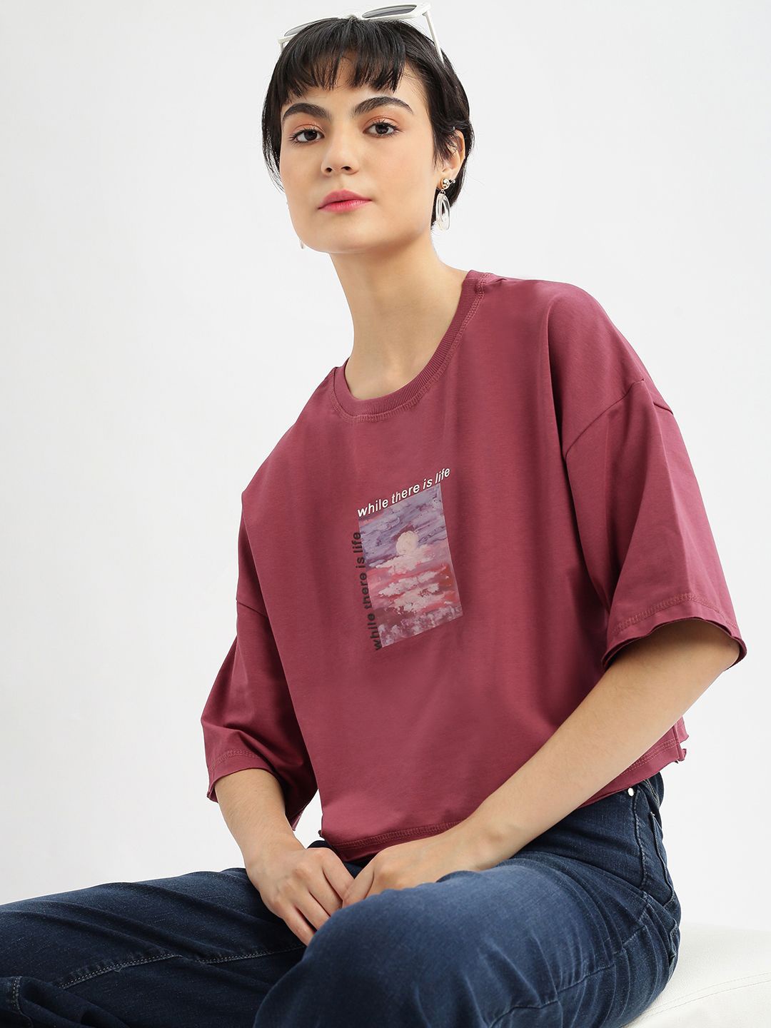 

SHOWOFF Women Printed Round Neck Cotton Boxy Tshirt, Mauve