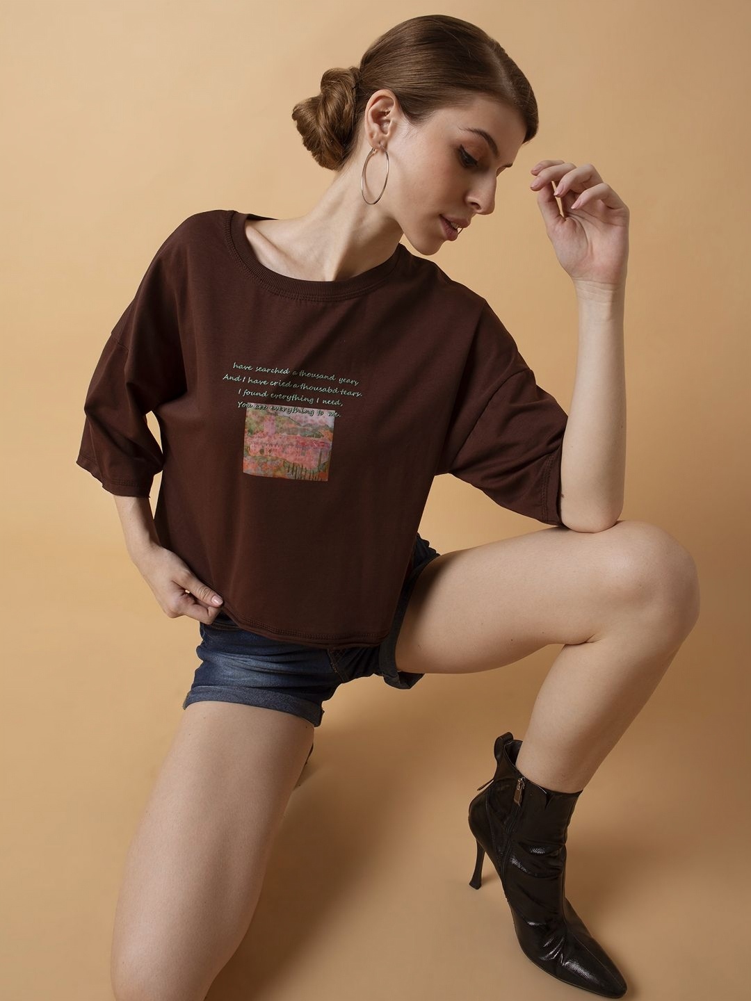 

SHOWOFF Women Printed Round Neck Cotton Boxy Tshirt, Brown