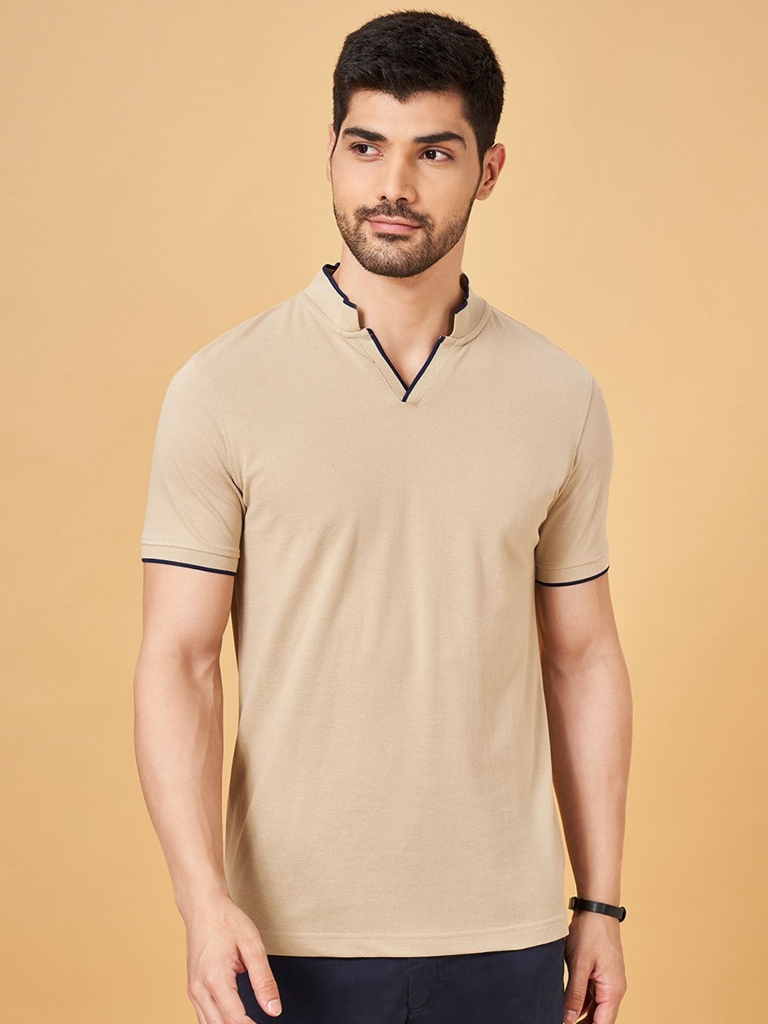 

BYFORD by Pantaloons Men Solid Polo Collar Cotton Slim Fit T-Shirt, Beige