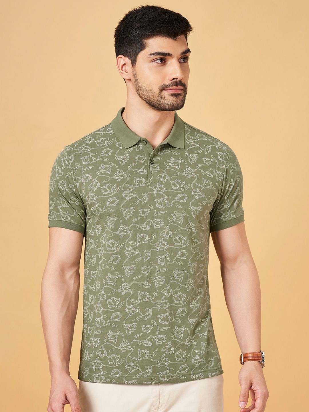 

BYFORD by Pantaloons Men Floral Printed Polo Collar Cotton Slim Fit T-Shirt, Green