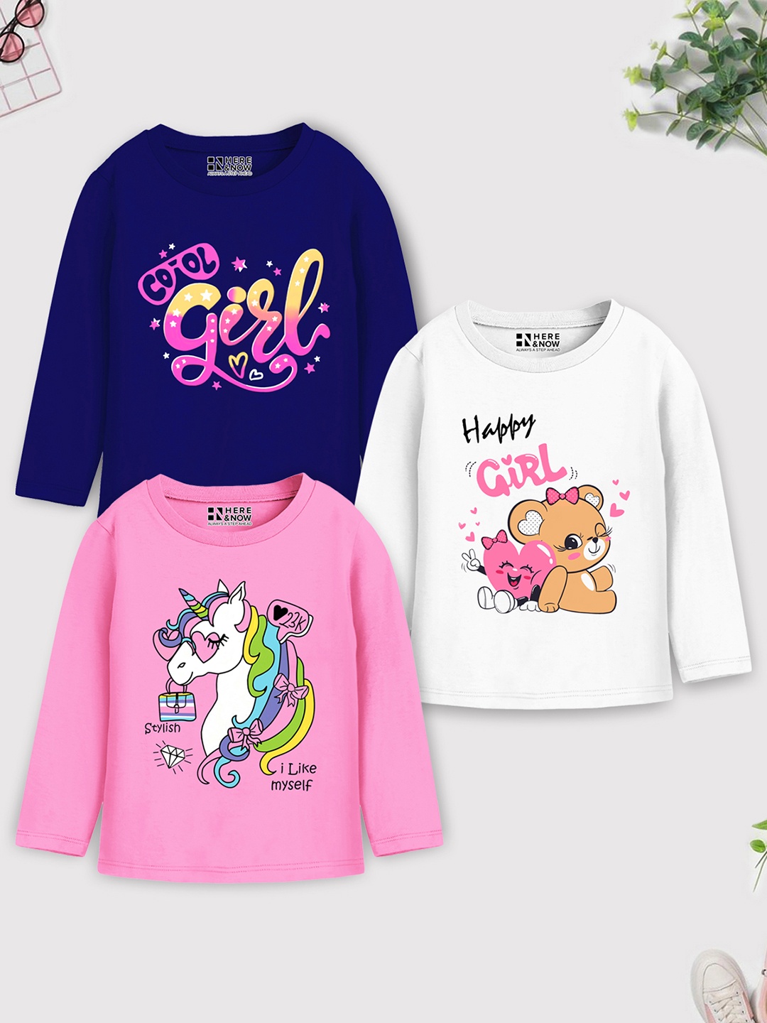 

HERE&NOW Girls Typography 3 Printed Applique T-shirt, Pink