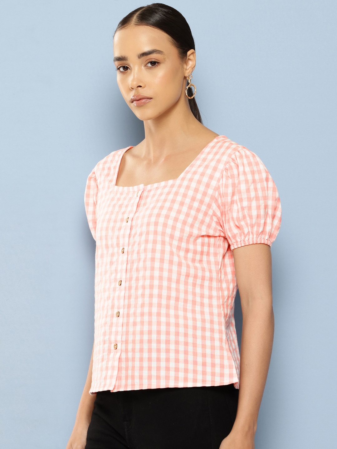 

Chemistry Checked Puff Sleeves Pure Cotton Top, Pink