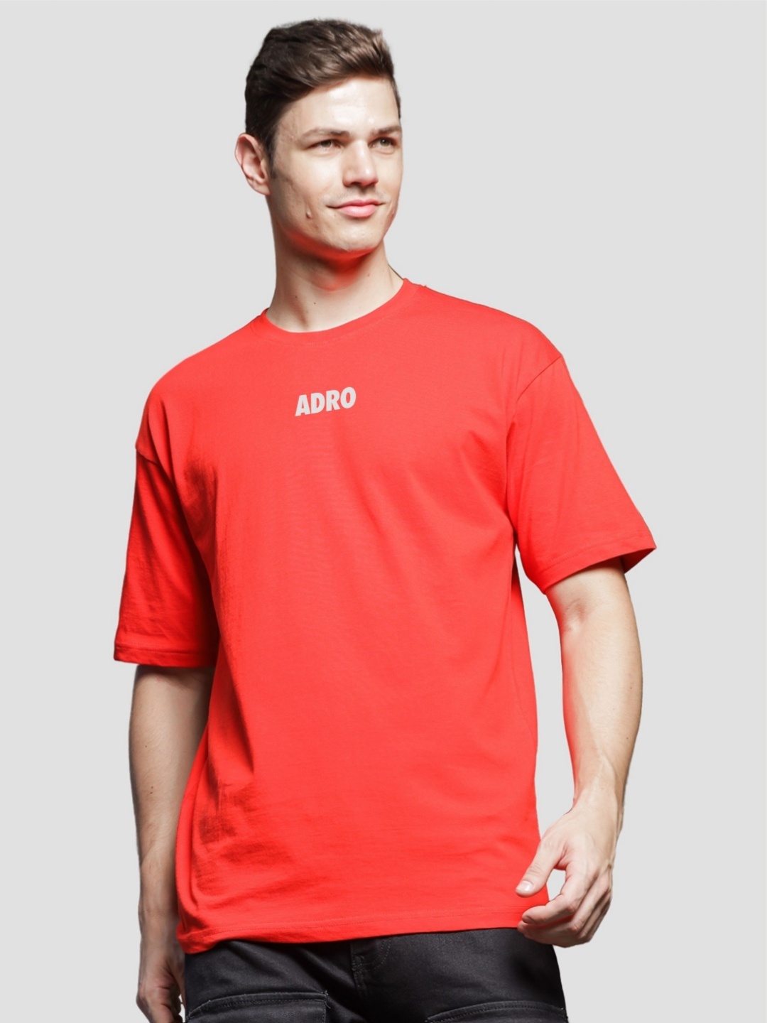 

ADRO Men Typography Printed Drop-Shoulder Sleeves Cotton Oversized T-Shirt, Red