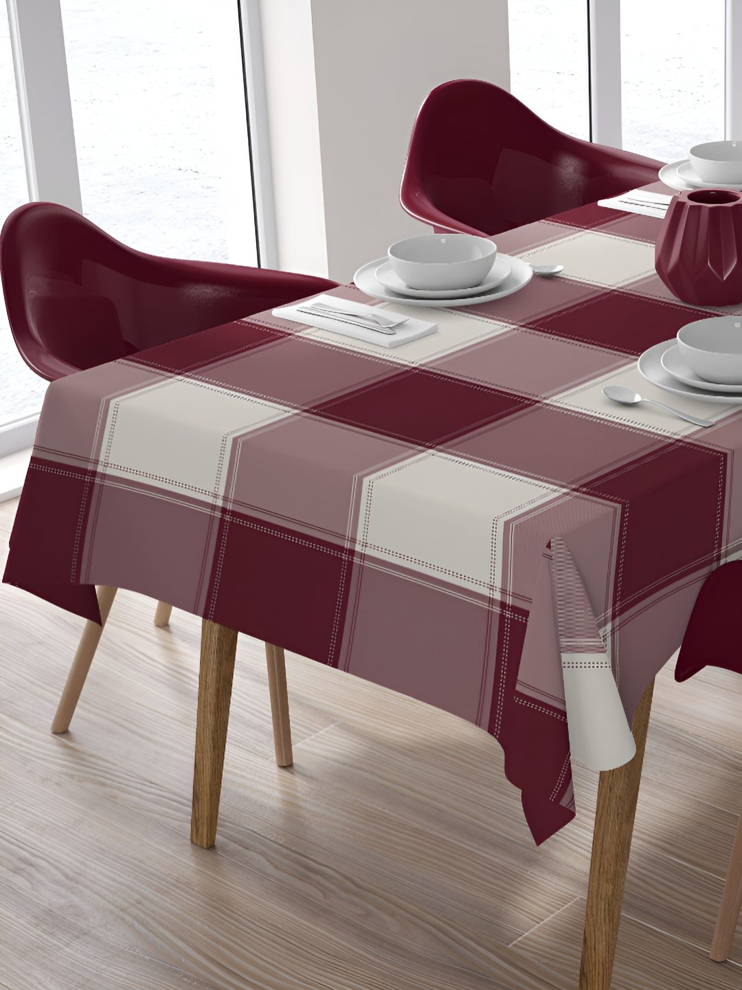 

HOME COLORS.IN Maroon & White Geometric Checked 6-Seater Table Cover