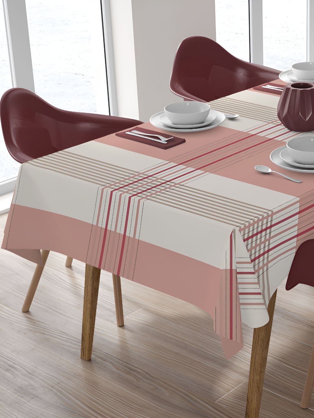 

HOME COLORS.IN White & Red Striped Pure Cotton 8-Seater Table Cover