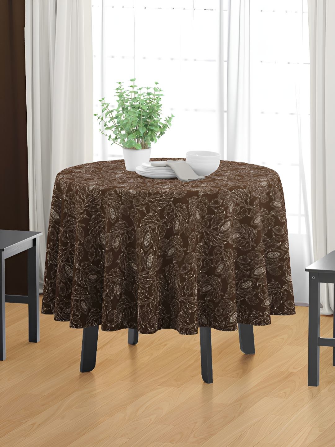 

HOME COLORS.IN Brown & White Floral Pure Cotton Round 4-Seater Table Cover