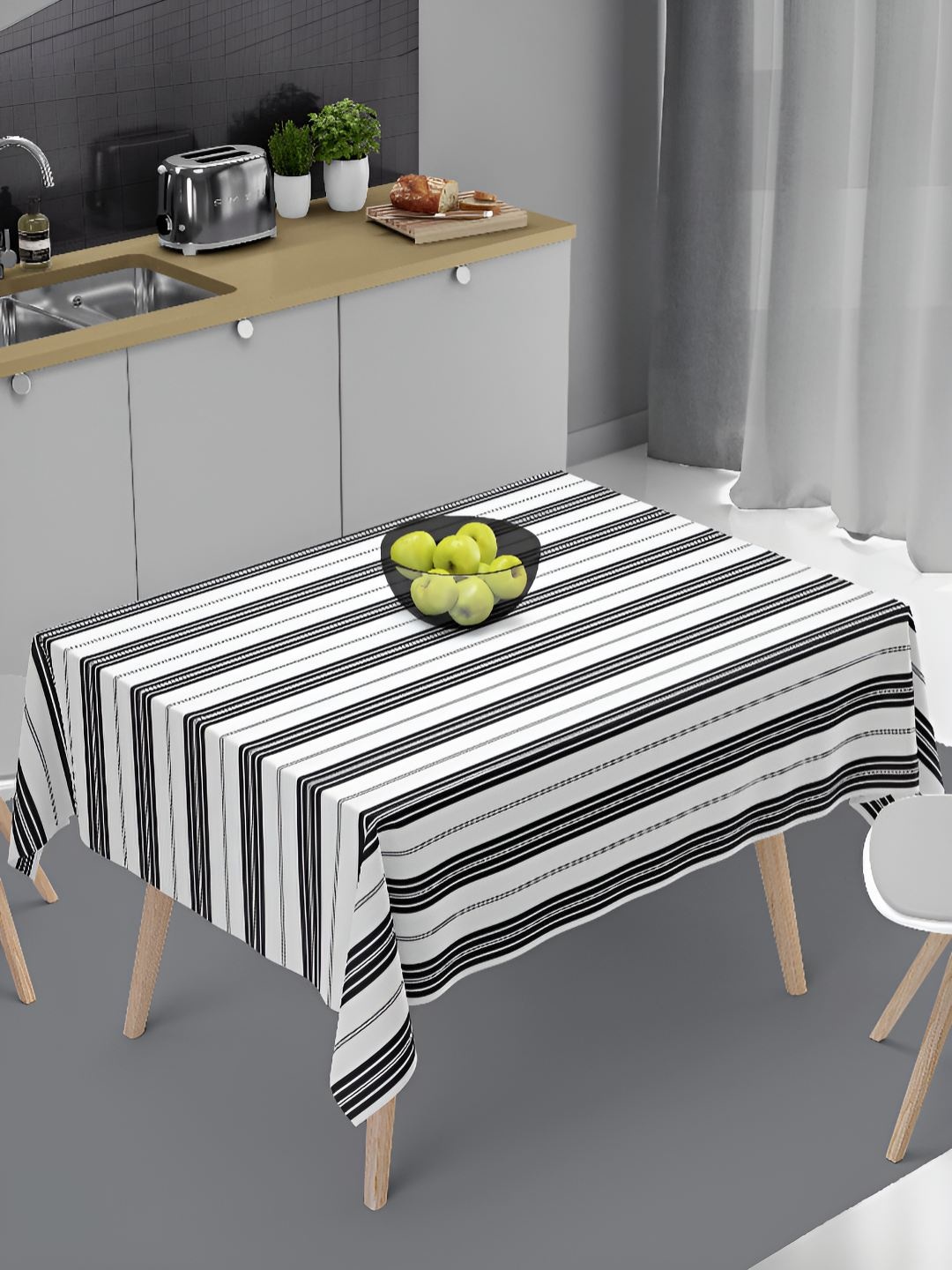 

HOME COLORS.IN White & Black Striped Pure Cotton 2-Seater Table Cover