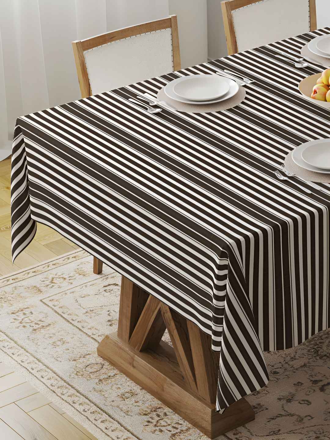 

HOME COLORS.IN Brown & White Striped Pure Cotton 4-Seater Table Cover
