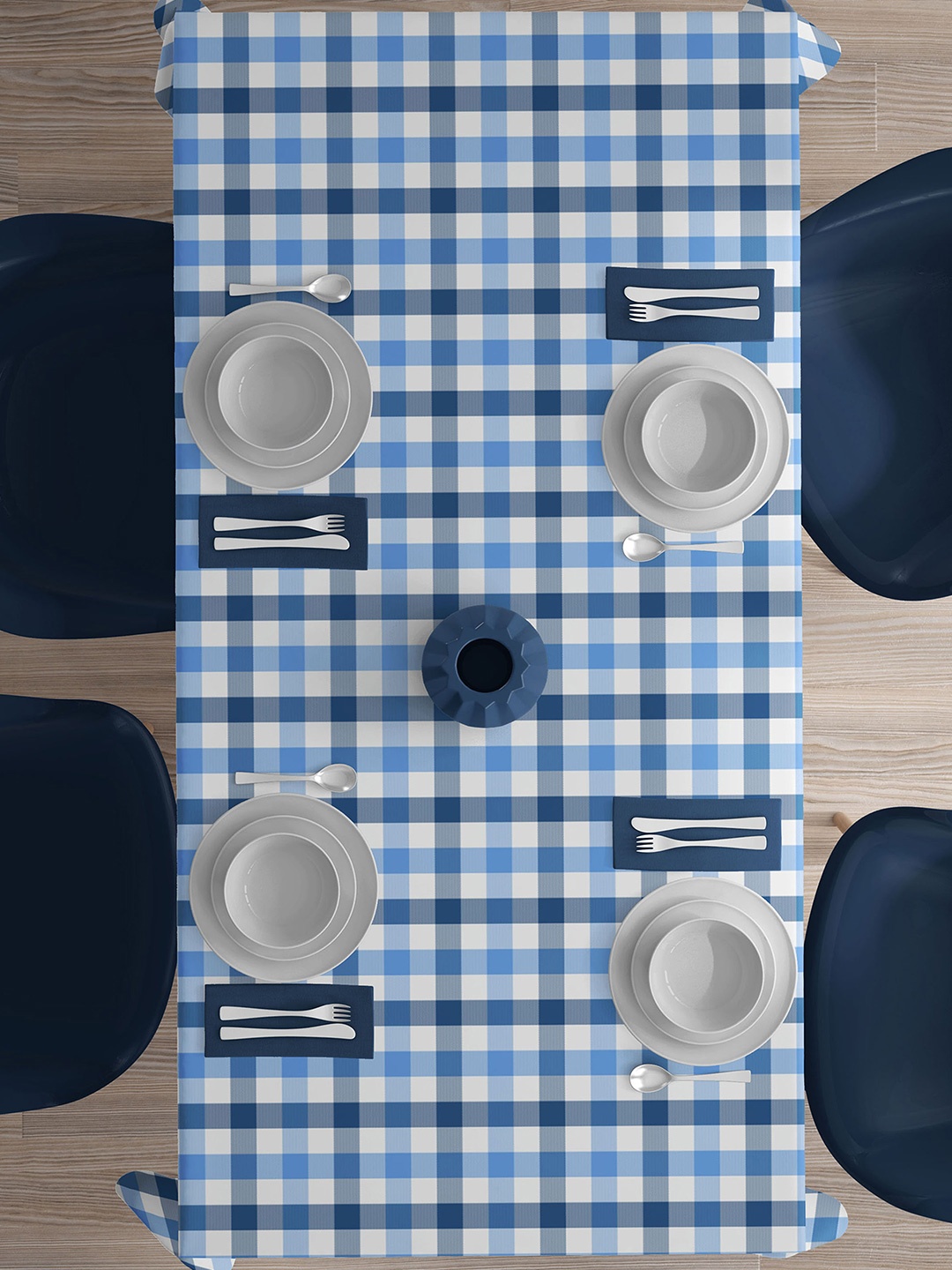 

HOME COLORS.IN Blue & White Geometric Checked Cotton 6-Seater Table Cover
