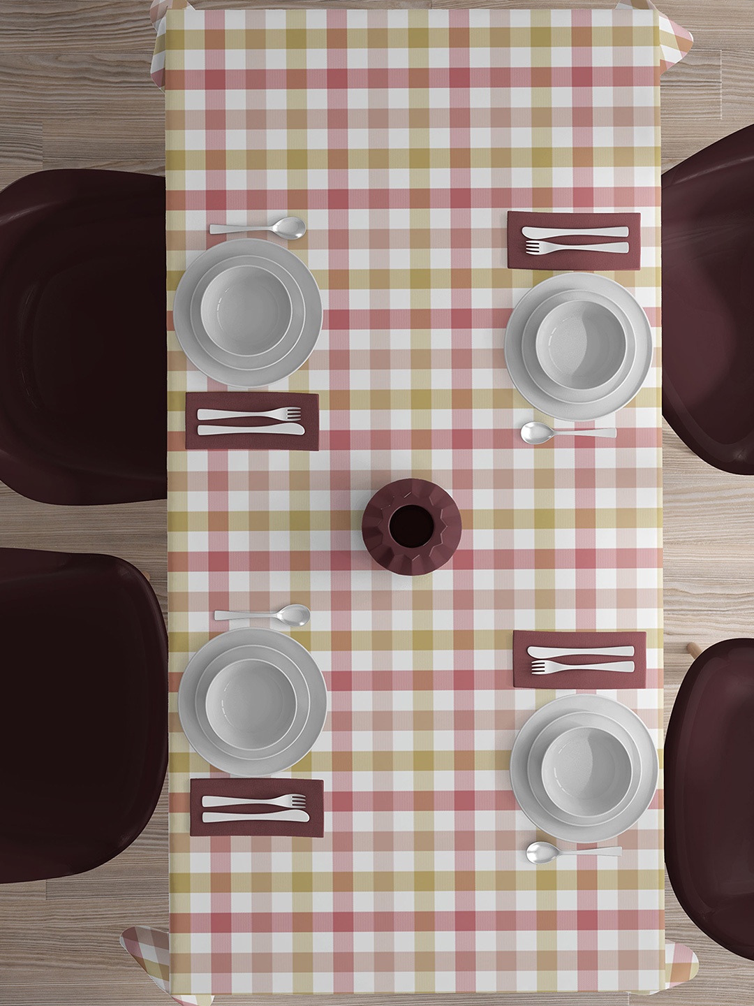 

HOME COLORS.IN Pink & White Geometric Cotton 6-Seater Table Cover
