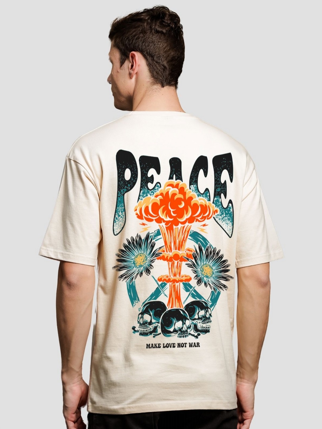 ADRO Men Graphic Printed Drop-Shoulder Sleeves Cotton Oversized T-Shirt, Beige