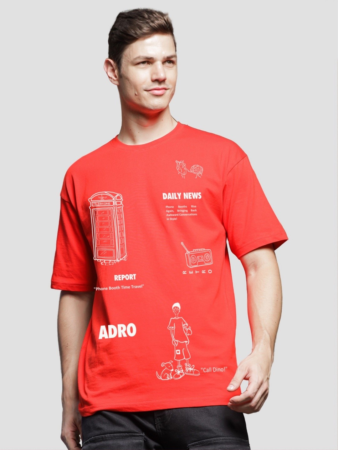 

ADRO Men Graphic Printed Round Neck Cotton Oversized T-Shirt, Red